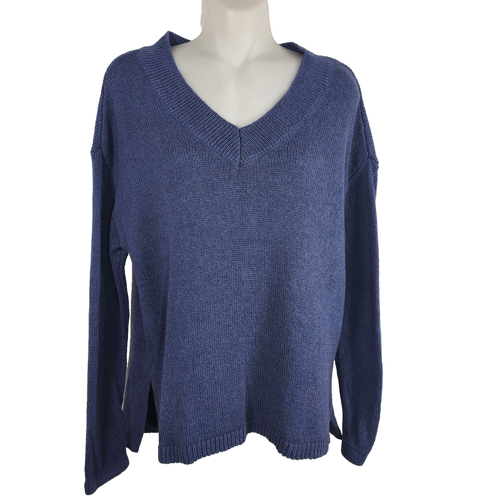 Talbots Womens Shiny Linen Cotton Blend V Neck Sweater XS Blue Beach Pullover